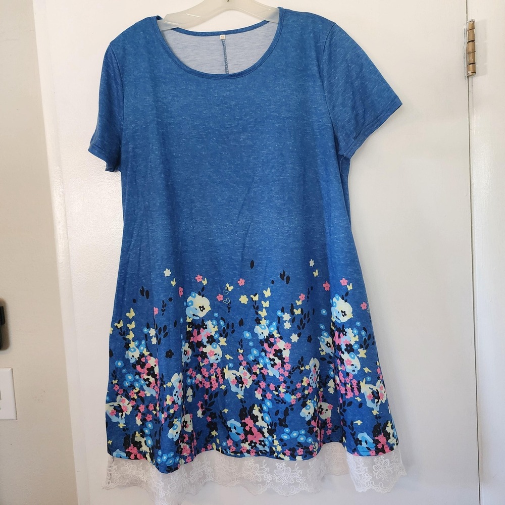 Unbranded XL Blue‎ Floral Long Blouse Short Dress Lace Hem Pockets Boho Top